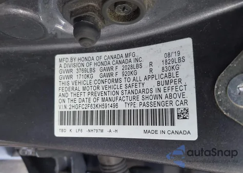 2019 Honda Civic Lx from USA, damaged, VIN 2HGFC2F63KH591496